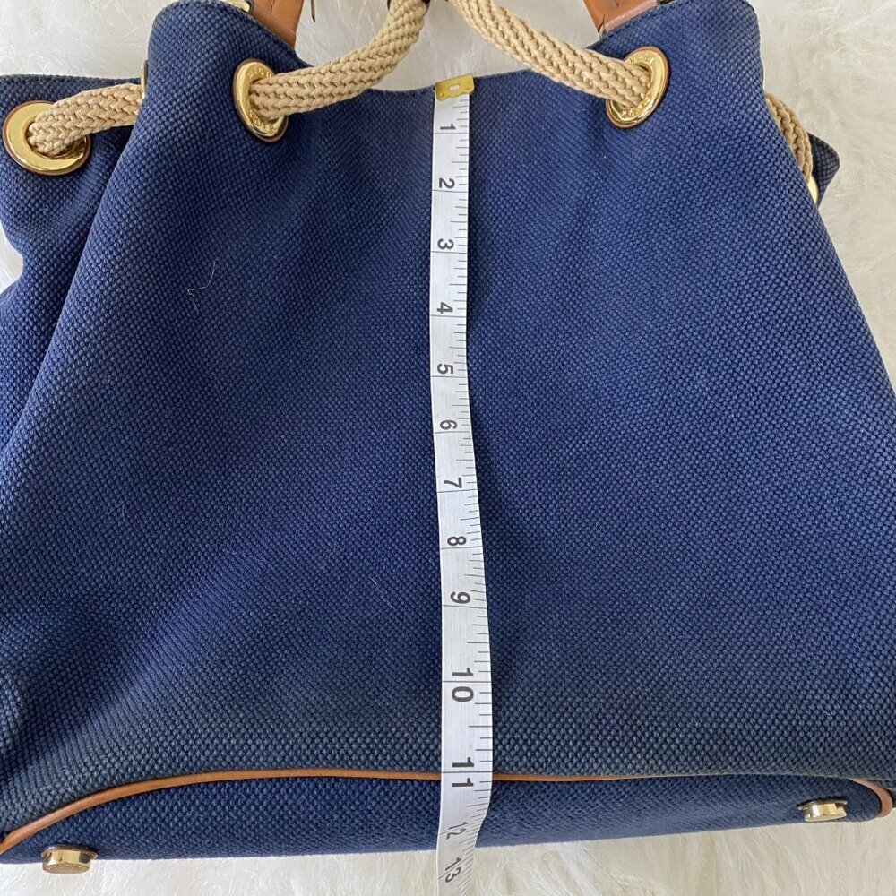 Michael Kors Marina Purse Navy Blue Canvas Brown Leather Tote Bag Bucket Bag - Picture 9 of 16